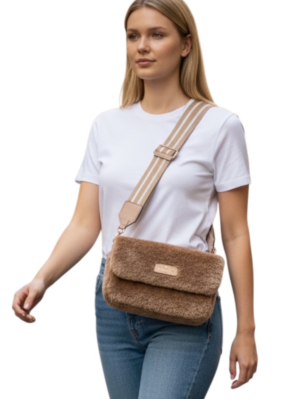 NWOT kate spade W/COA Tan Faux-Shearling Crossbody with Striped Wide Strap
